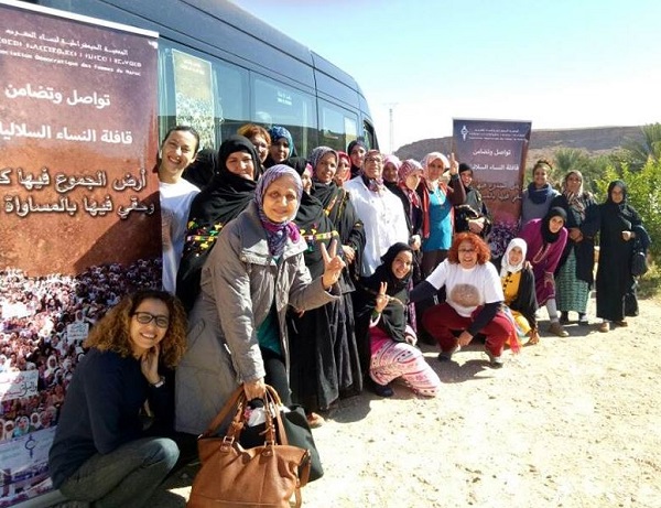 Soulaliyate Movement members on a bus journey in Morocco to advocate for women's political participation and land rights