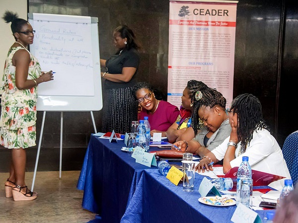 A trainer stands at white board while a panel of four discuss violence against women